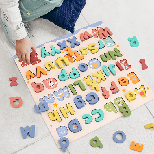 26 English letters.Capital and lowercase English letter jigsaw puzzle.Early education puzzle for intellectual development and cognitive learning.